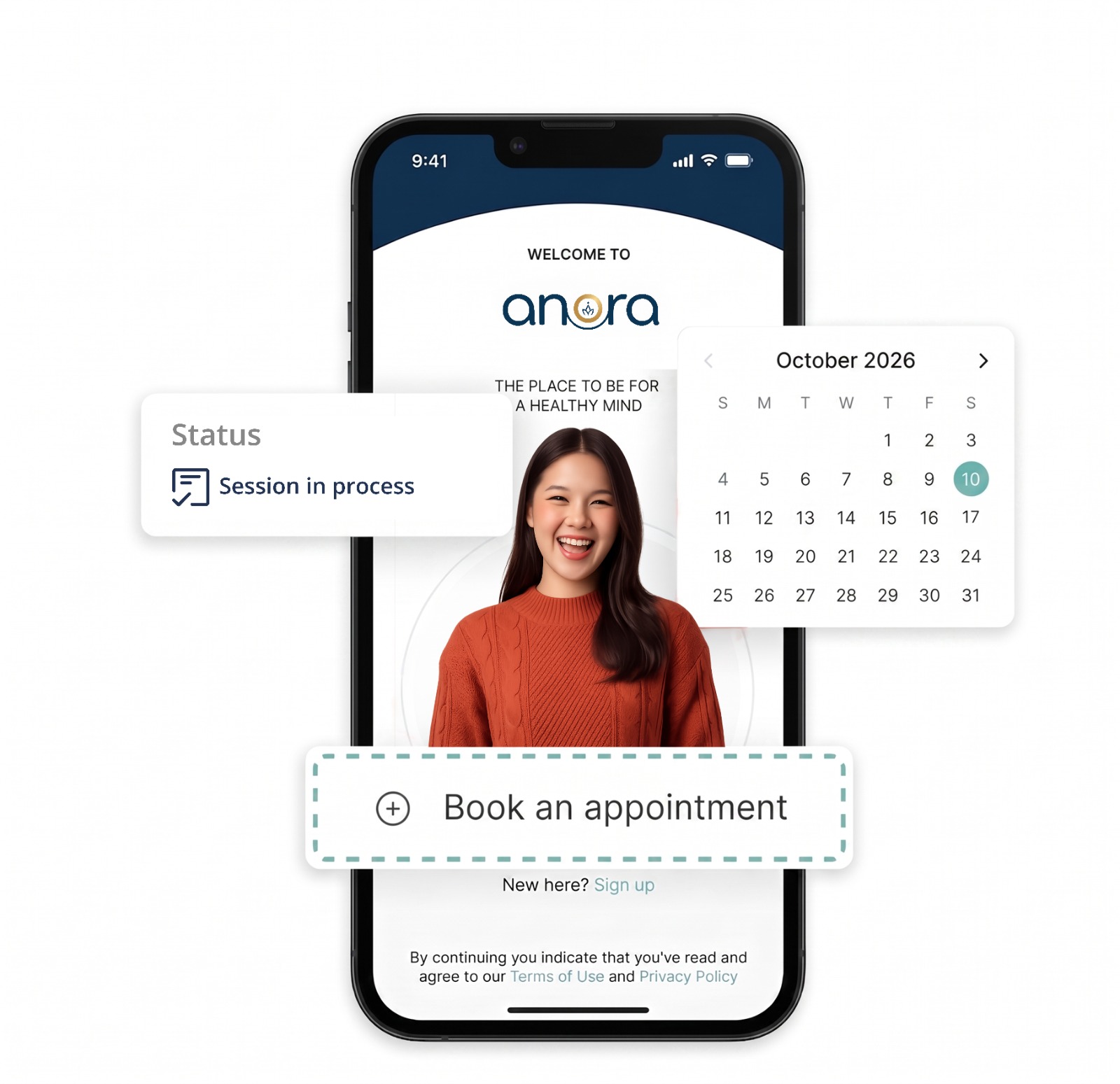 Anora app screen showing a session status card, calendar, and Book an appointment button