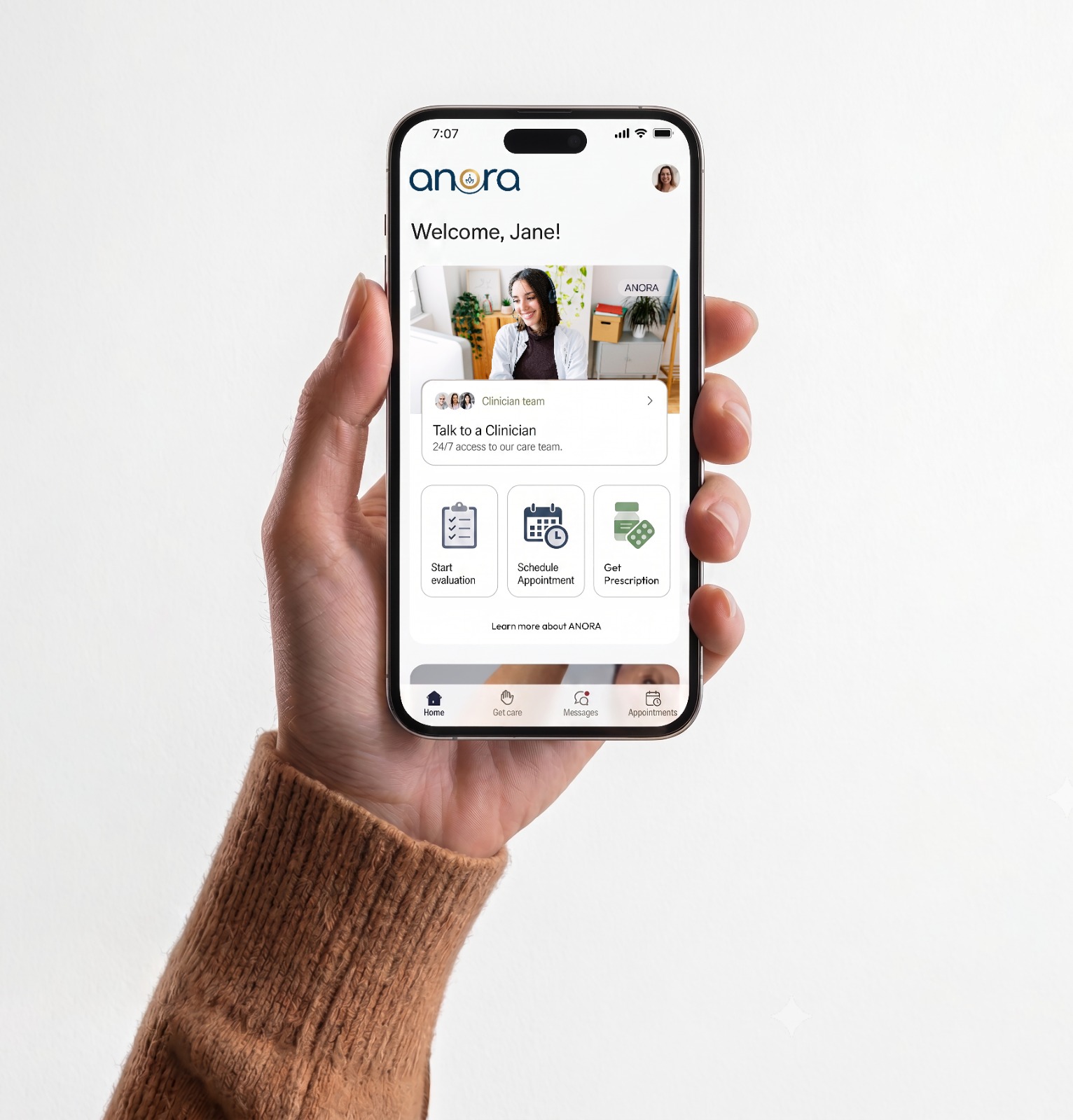 Hand holding a phone with the Anora app — talk to a clinician, schedule appointments, and get prescriptions