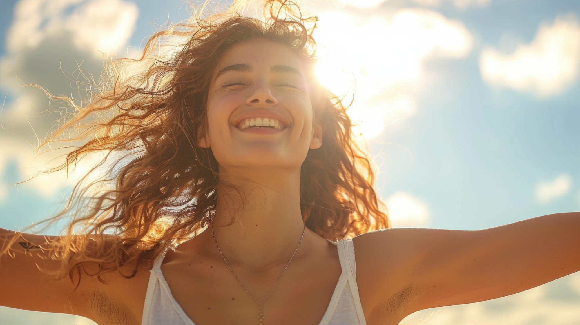 Woman smiling with arms outstretched in the sun, feeling calm and free