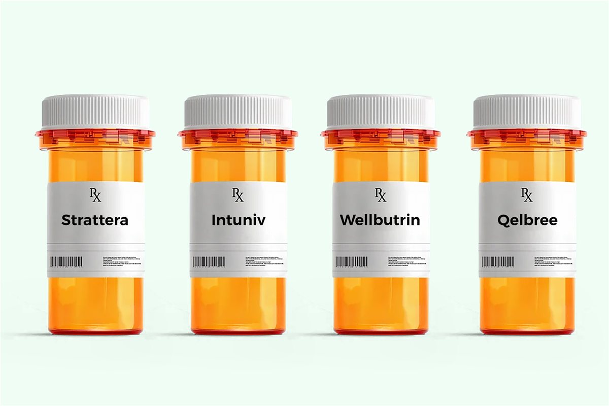 Strattera, Intuniv, Wellbutrin, and Qelbree medication bottles