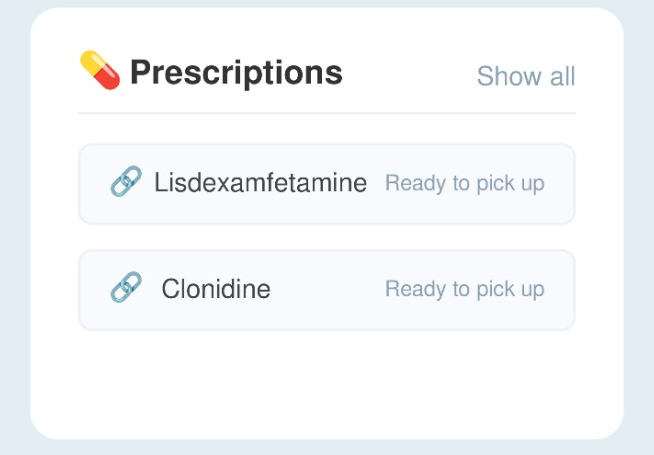Anora portal prescriptions panel showing medications ready to pick up