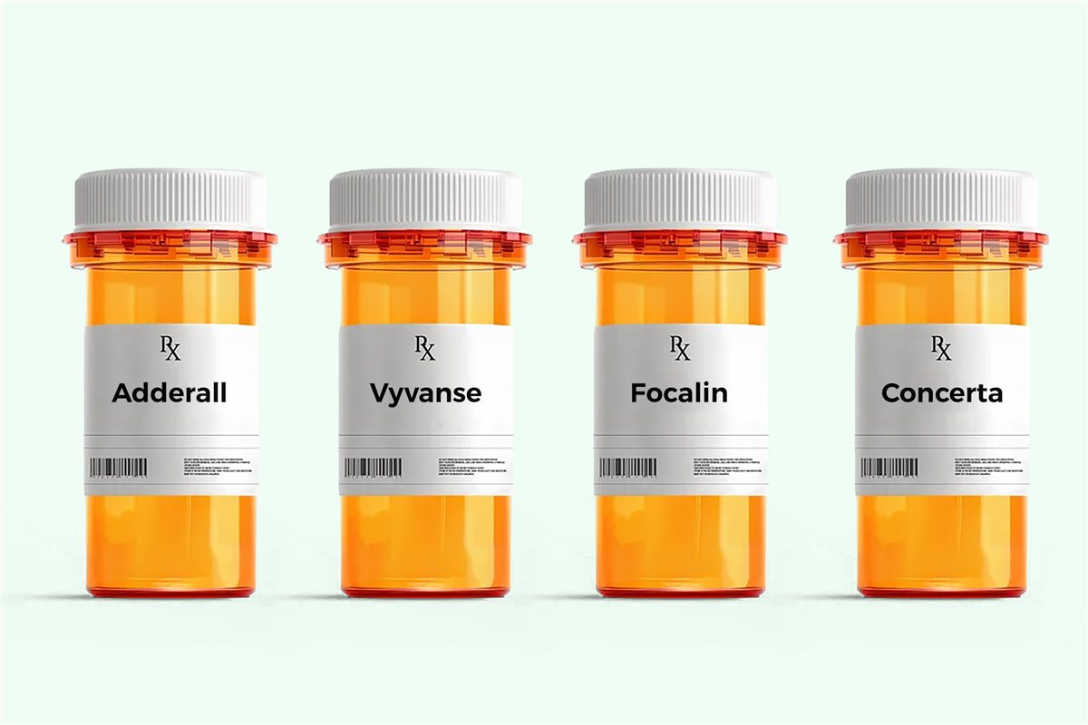 Adderall, Vyvanse, Focalin, and Concerta medication bottles