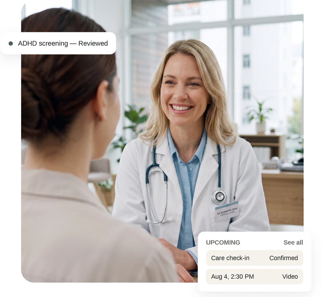 An Anora clinician talking with a patient, with portal cards showing a reviewed ADHD screening and a confirmed upcoming video check-in
