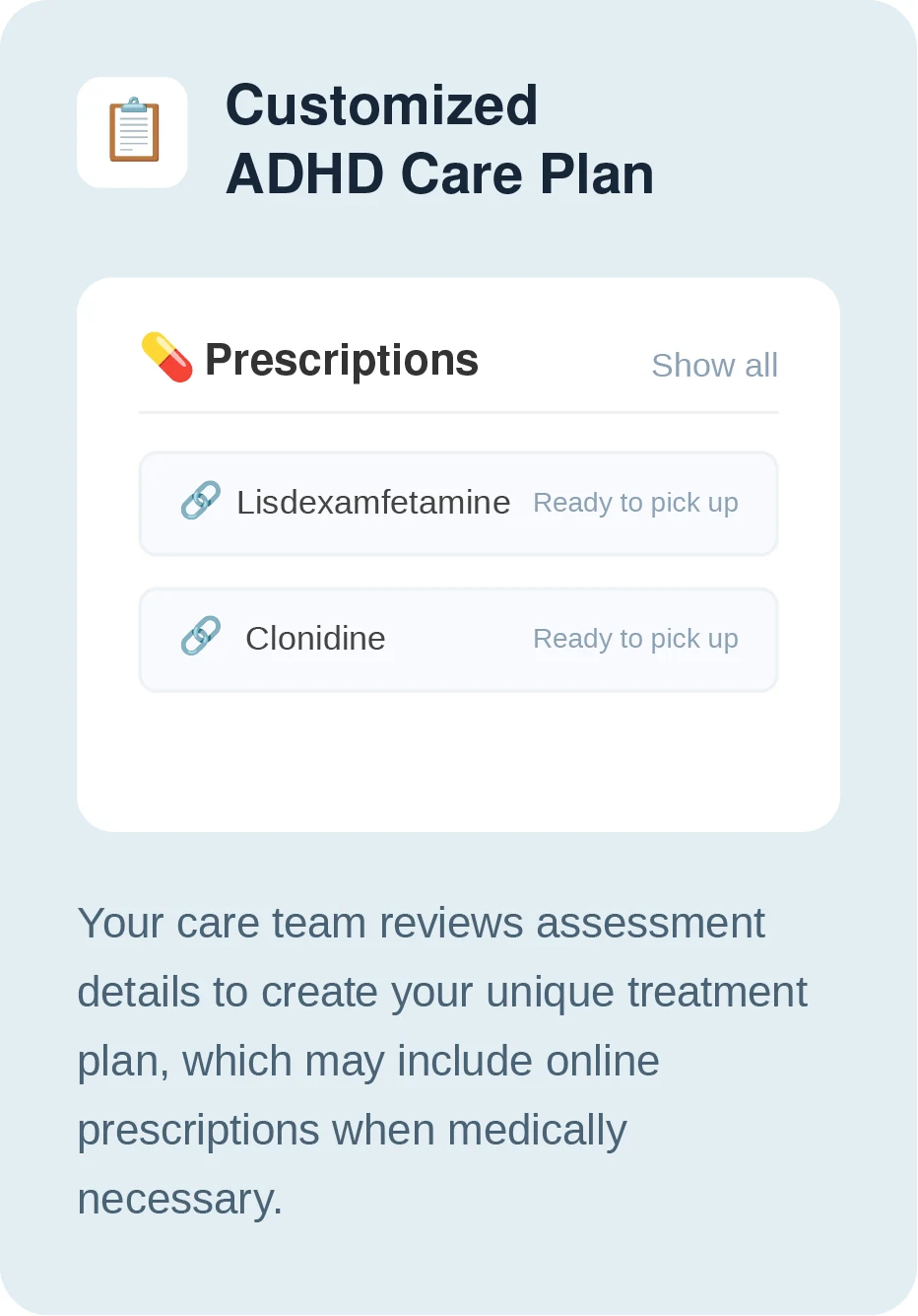 Customized ADHD care plan — your care team reviews assessment details to create your unique treatment plan, which may include online prescriptions when medically necessary.